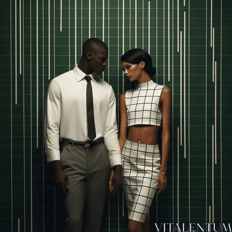 Black Man and Black Woman Standing in Front of Vertical Lines | Fashion Photography AI Image