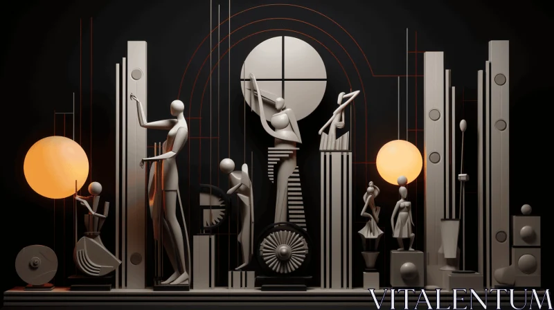 Captivating Art Deco Sculptures on an Architectural Landscape AI Image