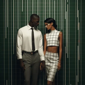 Black Man and Black Woman Standing in Front of Vertical Lines | Fashion Photography