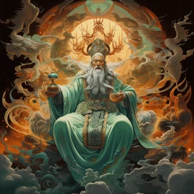 Intricate Fantasy Art: Man Seated on Clouds in Traditional Chinese Pose