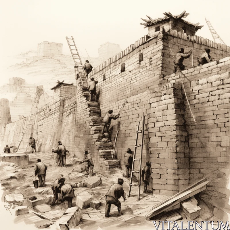 Captivating Drawing of Workmen on a Cinderblock Wall in Northern China's Terrain AI Image