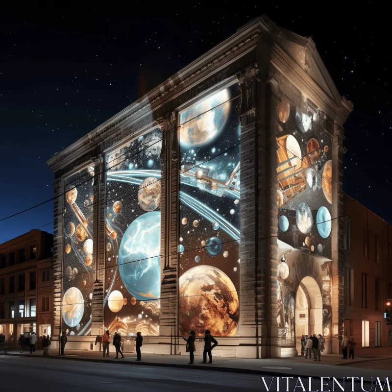 AI ART Enchanting Building with Moving Image of Planets - Historical Reimagining