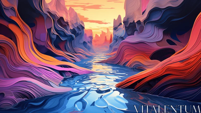 Captivating Digital Painting of a Stream Flowing Through a Majestic Rock Bluff AI Image