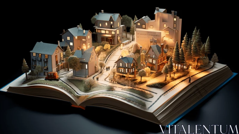 Captivating Town Scene: An Open Book Revealing a Mesmerizing Landscape AI Image