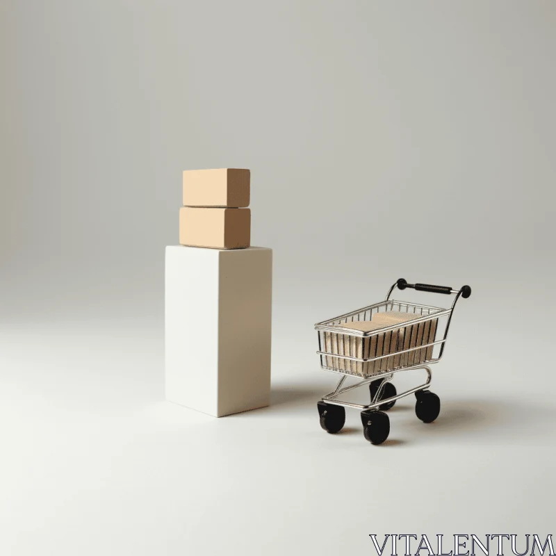 AI ART Minimalist Shopping Cart and Boxes Composition on White Background