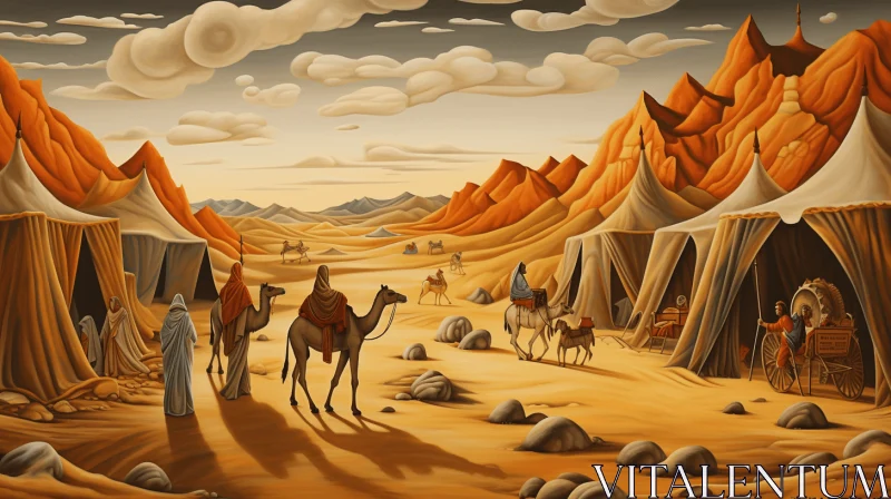 Dreamlike Illustration of Tents and Camels in the Desert AI Image