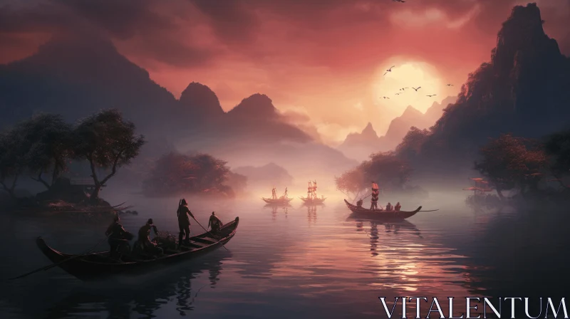 Exotic Fantasy Landscapes: Serene Lake Scene with Boats AI Image