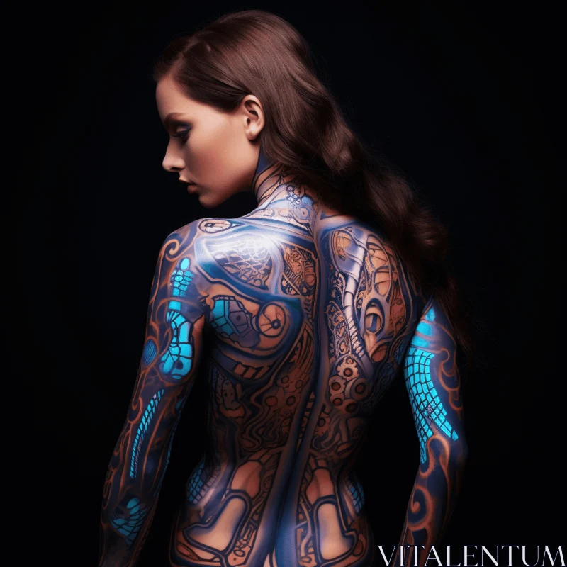 Captivating Woman with Intricate Blue and Bronze Body Art on Dark Background AI Image