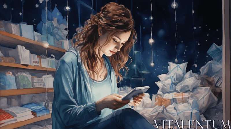 AI ART Dreamy Figurative Art: Woman Sitting in a Shop with Gifts and Phone