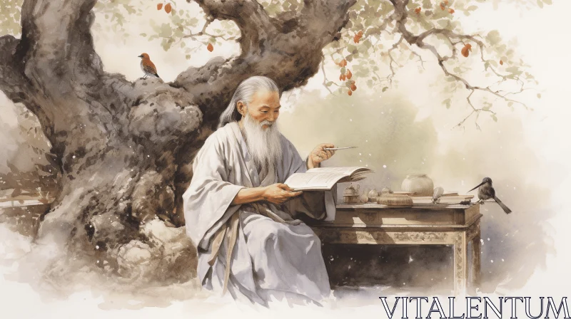 Captivating Painting of a Chinese Man Reading a Book Under a Tree AI Image