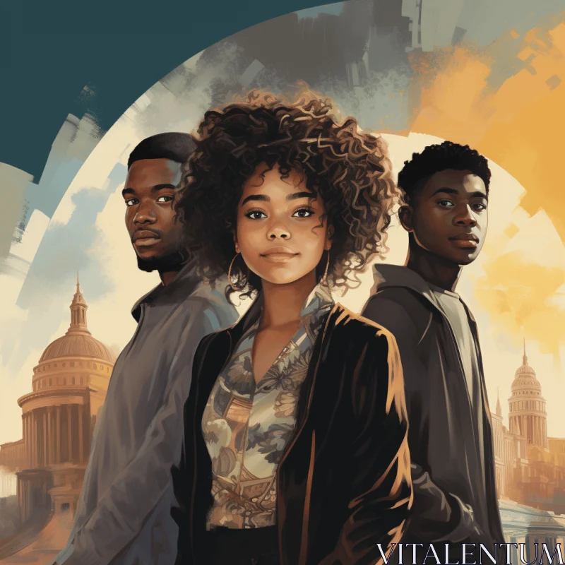 Captivating Poster of Three Young Individuals in Front of a City Building AI Image