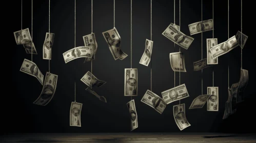 Surrealistic Installation: Money Floating on Strings | Photorealistic Rendering