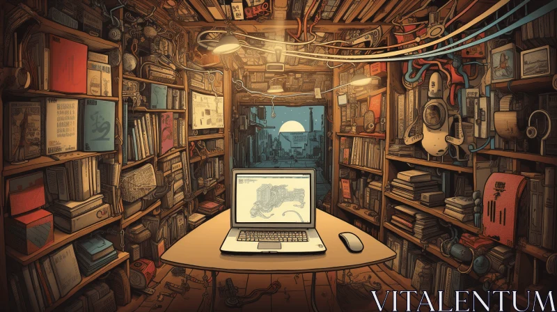 Captivating Surrealistic Urban Art: Laptop in a Room Full of Books AI Image