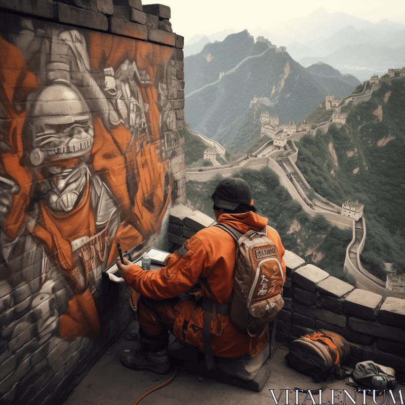 Captivating Graffiti Art on the Great Wall of China: Meticulous Realism in Orange and Bronze AI Image