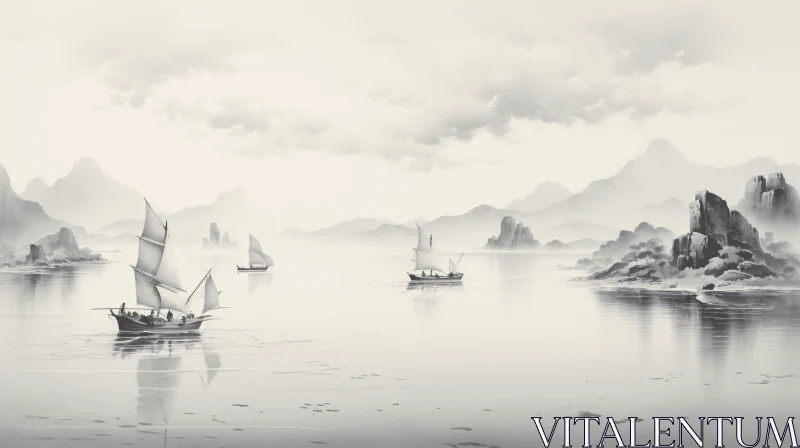 Sailing Boats in Oriental Minimalism Style: Serene Landscape Painting AI Image
