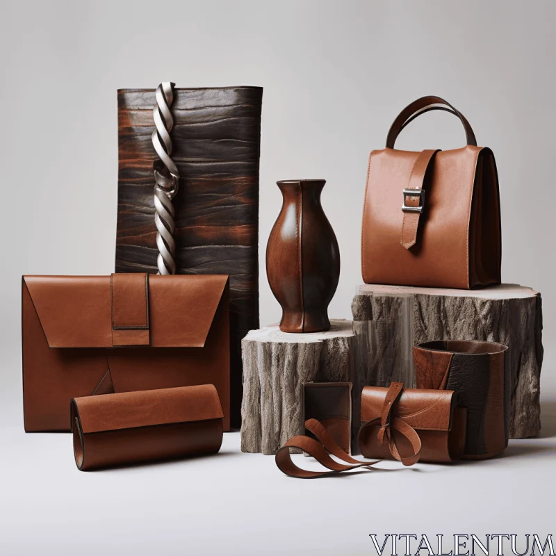 Brown Leather Collection: Bags & Accessories with Natural Wood Grain Patterns AI Image