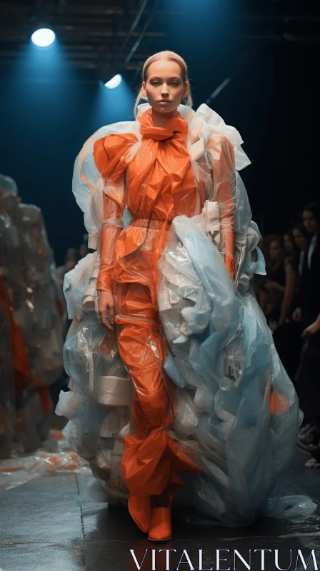 Fashion: Woman in a Garbage Dress on the Runway - Translucent Dark Orange and White AI Image