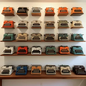 Eclectic Display of Typewriters on Wood Shelf | Pop Art Installation