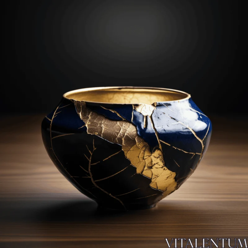 Enchanting Wooden Bowl with Gold Leaf | Dark Black and Blue AI Image