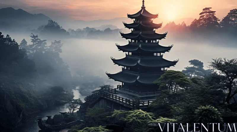 Misty Mountaintop Pagoda Overlooking Overcast River with Solarization Effect AI Image