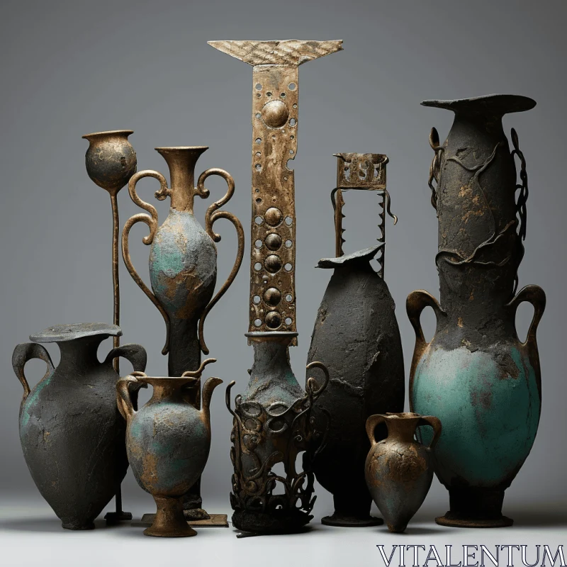 Antique Vases: Captivating Metalwork Jewelry in Light Cyan and Dark Bronze AI Image