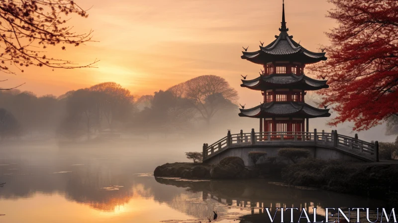 Asian Pagoda on Lake at Sunrise: Japanese-Inspired Imagery AI Image