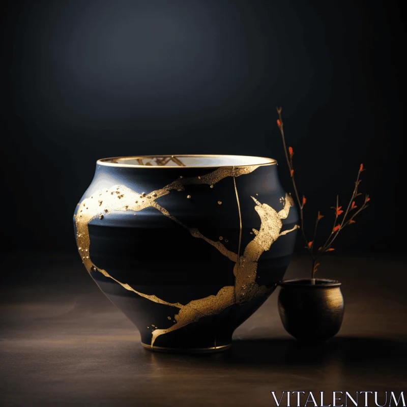 Black and Gold Vase: Traditional Japanese Kintsugi Art AI Image