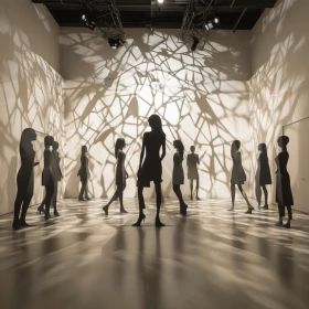 Captivating Art Museum Scene: Silhouettes and Sculptural Installations