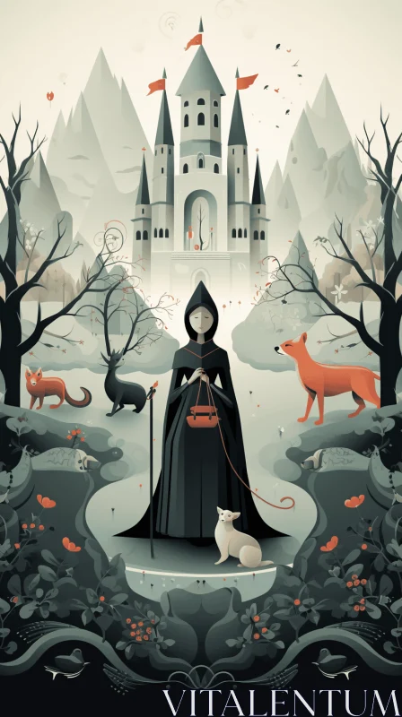 Captivating Illustration of a Wolf Girl with Cat and Dogs in the Woods AI Image