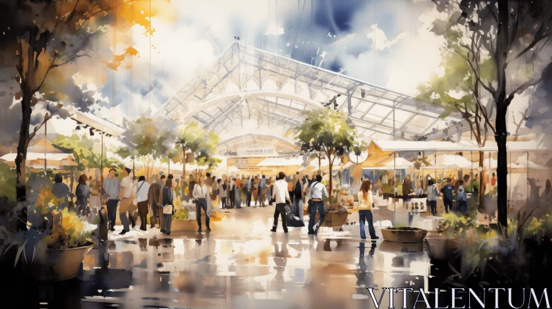 Captivating Watercolor Painting of a Bustling Marketplace | Eco-Architecture AI Image