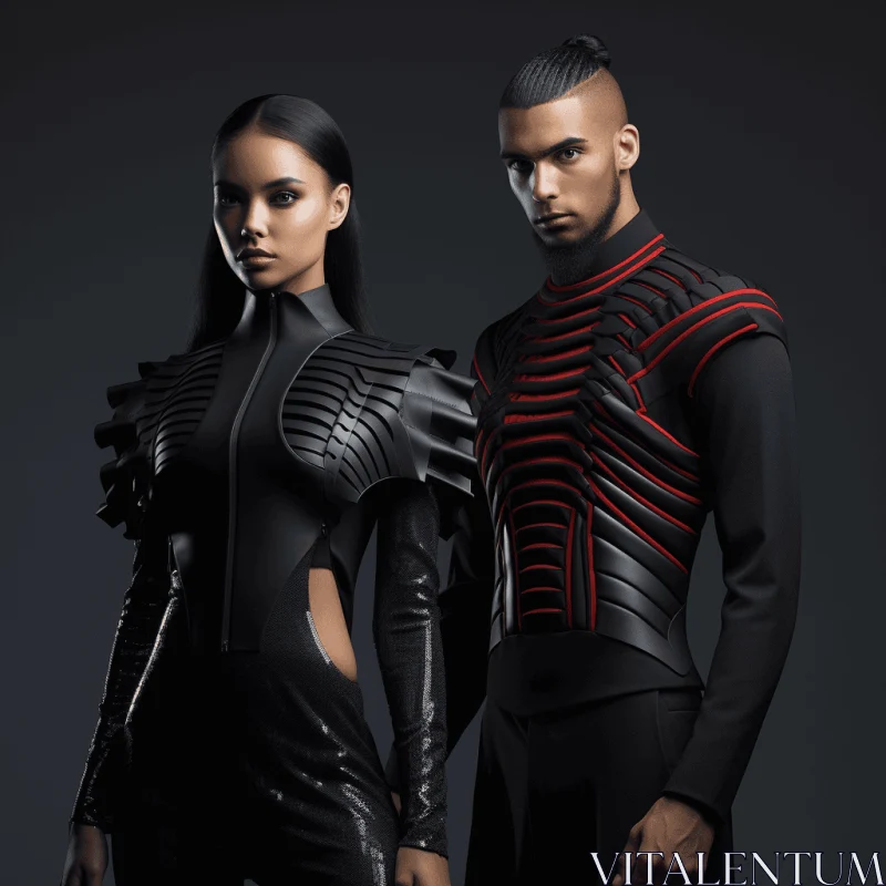 Futuristic Fashion: Bold Black and Red Outfits with Striking Symmetrical Patterns AI Image
