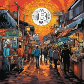 Bitcoin Market Poster: Captivating Comic Book Art in a Bustling City