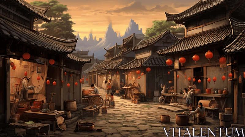 Captivating Digital Painting of a Bustling Small Town in China AI Image