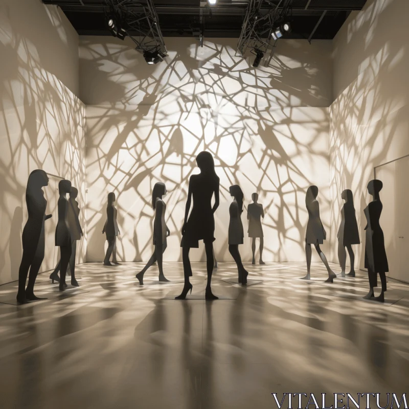 Captivating Art Museum Scene: Silhouettes and Sculptural Installations AI Image