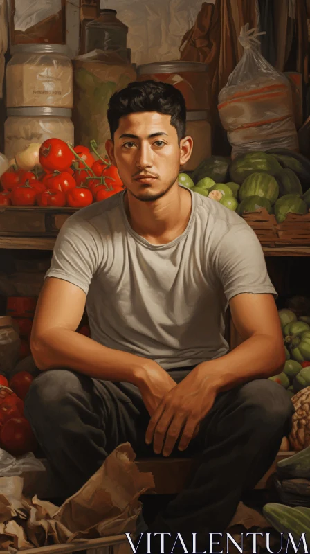 Captivating Portrait of a Young Man in a Vegetable Market AI Image