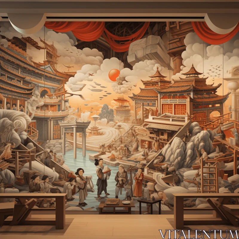 Chinese Themed Mural in Theatre: Realistic Hyper-Detailed Rendering AI Image