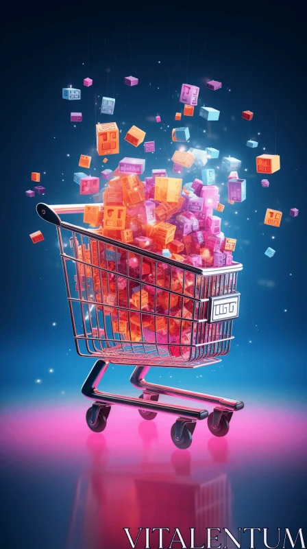 Vibrant Cubes in a Dreamlike Shopping Cart - Surrealistic Art AI Image