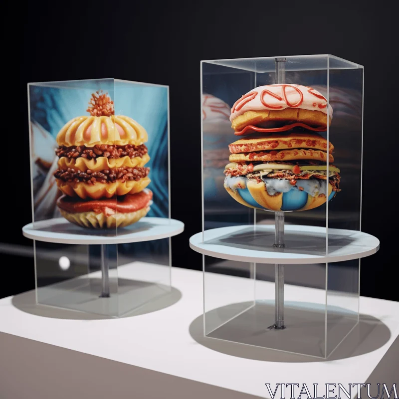 Captivating Realism with Surrealistic Elements: Two Hamburgers on Display AI Image
