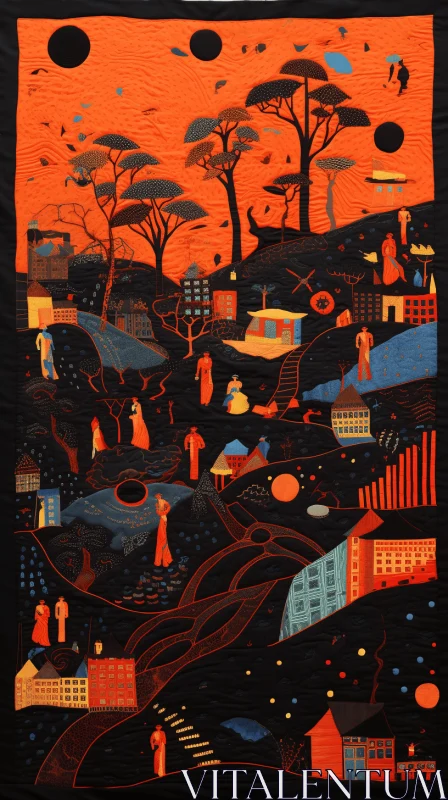 Captivating Orange Quilt: Mansions, Villages, and Intriguing Details | Bess Hamiti AI Image