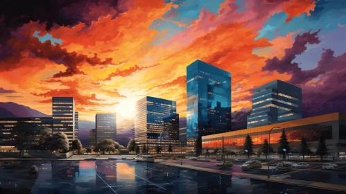 Sunny Cityscape with Highrise Buildings in Luminous Landscape Style