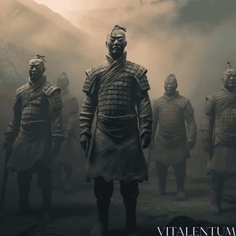 Ancient Chinese Soldiers in a Timeless Landscape | Misty Artistry AI Image