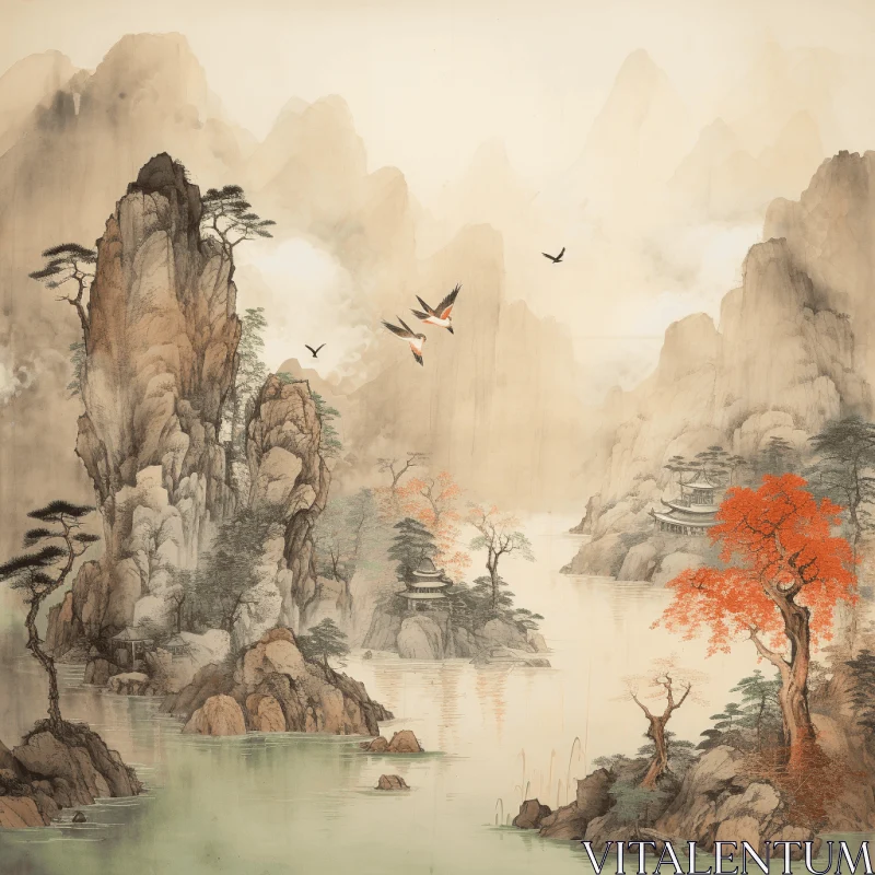 Asian Landscape with Birds Flying Over a Lake | Muted Palette | Detailed Environments AI Image