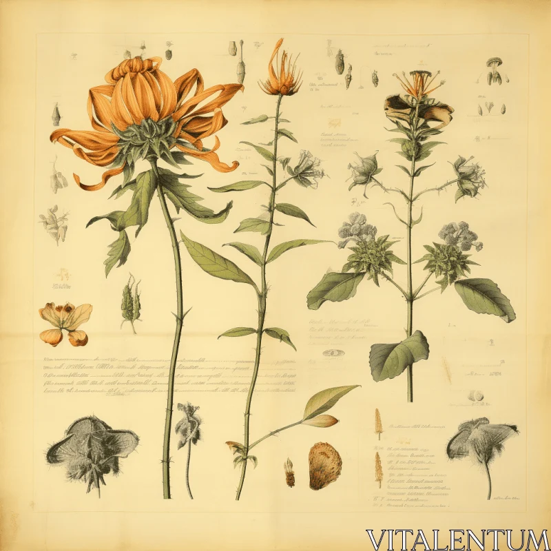 Detailed Botanical Illustration of Flowers and Insects AI Image