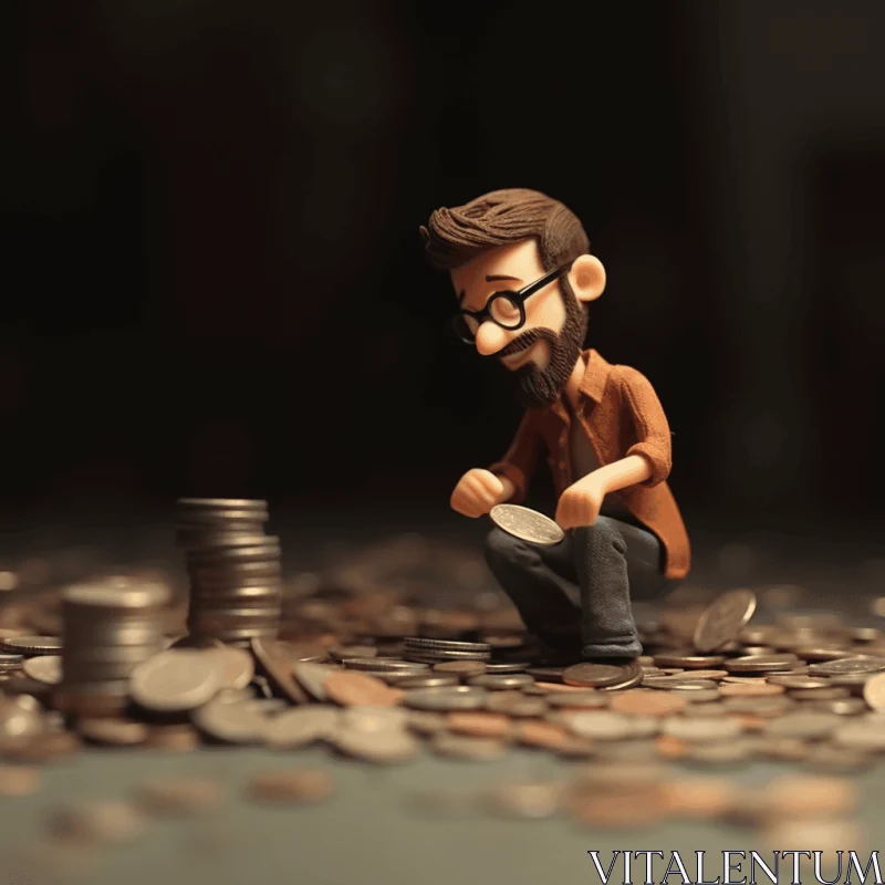 Powerful and emotive caricature-like illustration of a figurine holding coins AI Image
