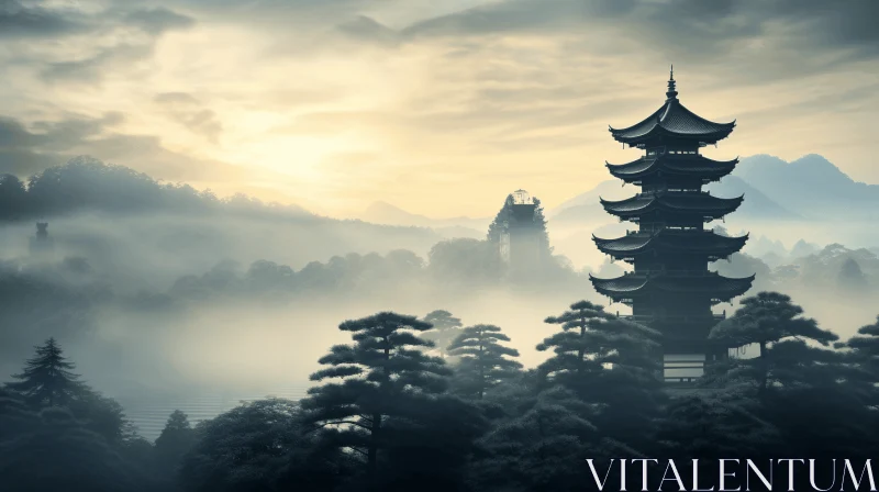 Majestic Chinese Pagoda in a Misty Mountain Top | Tonalist Art AI Image