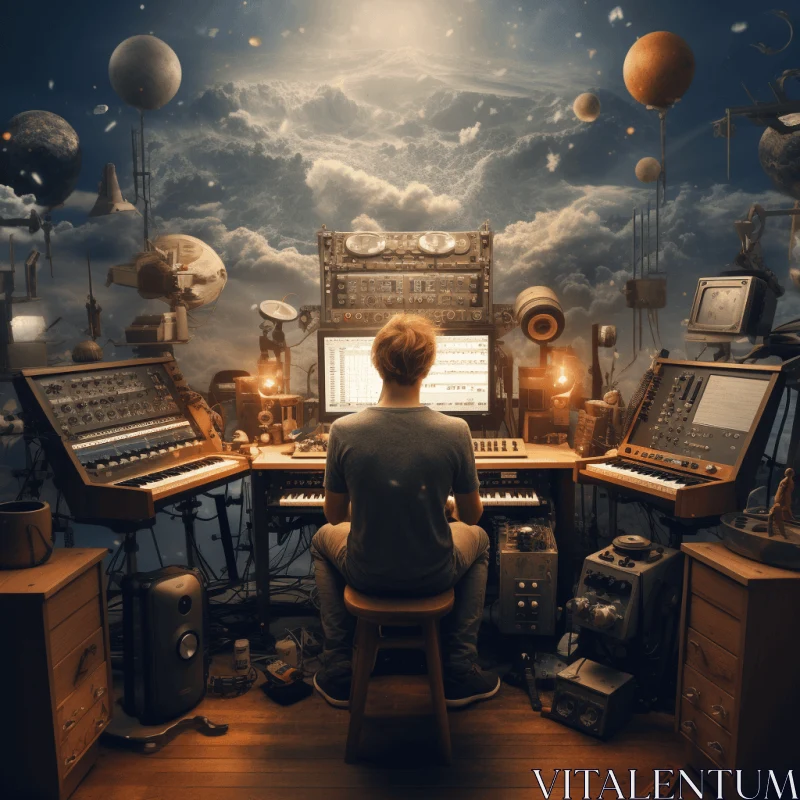 Captivating Surrealistic Image: Musician in a Room of Sound Equipment AI Image