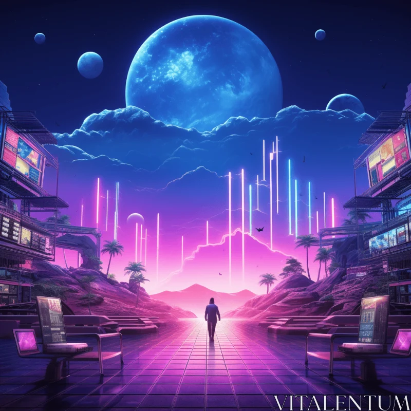Man Walking Towards a Planet: A Captivating Synthwave Artwork AI Image