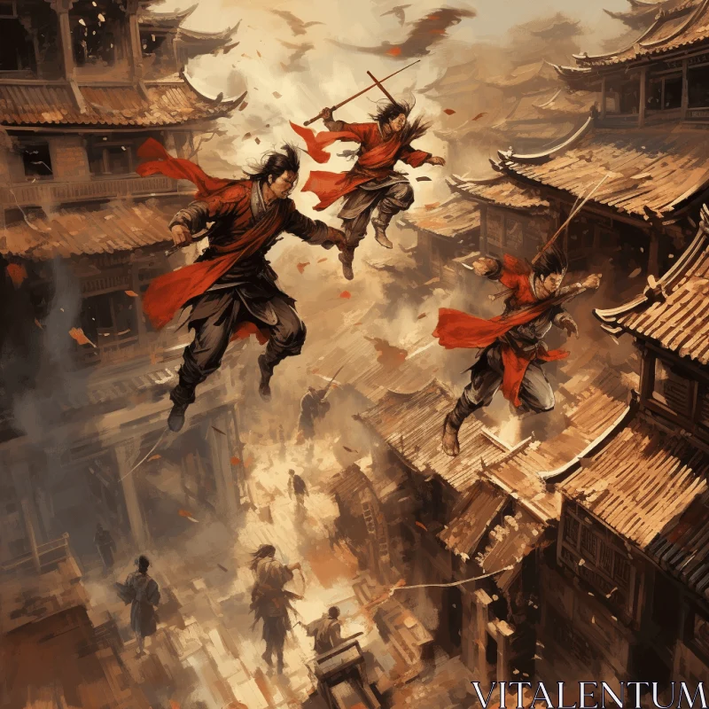 Warriors Flying Over Buildings in a Thrilling Cityscape AI Image