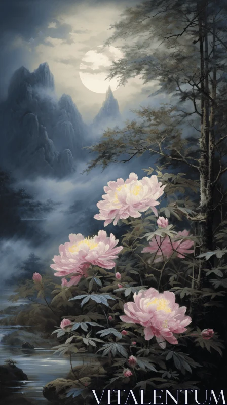 Moonlit Peonies: A Serene Flower Painting with Delicate Shading AI Image