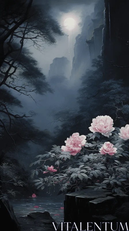 Delicate Pink Flowers in a Moody Forest - Ancient Chinese Art Inspired AI Image